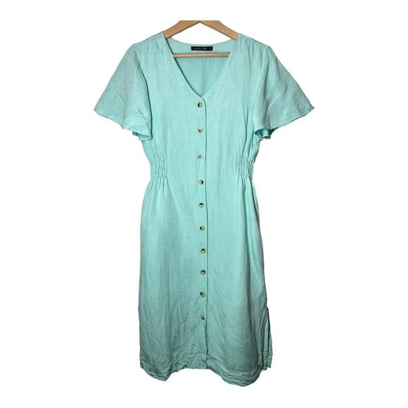 Project Eve Mint Green Linen Viscose Midi Dress Short Sleeve Modest Sz Small - Picture 2 of 10